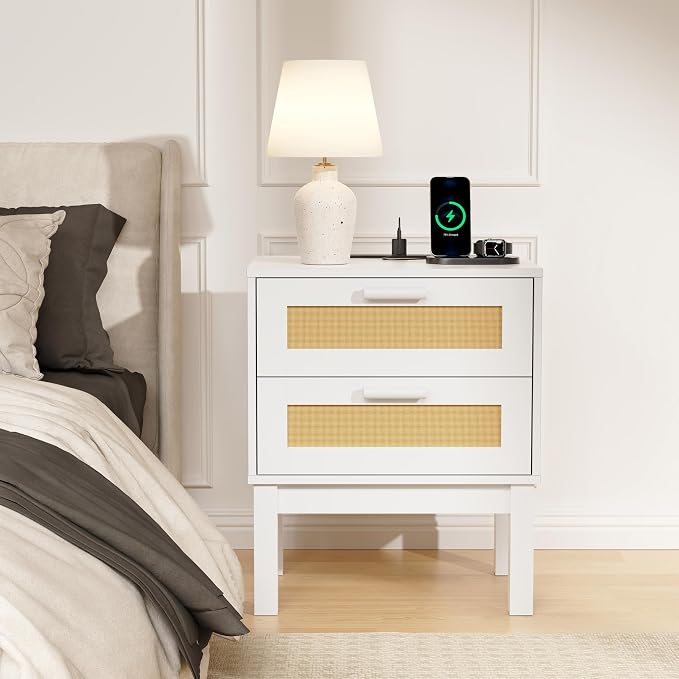 Rattan Nightstand Set of 2 with Charging Station,Boho Bedside Tables with 2 Drawer Cabinet,Natural Wood Bed Side End Tables,Multi-functional storage cabinet suitable for living room, bedroom, hallway - Image 7