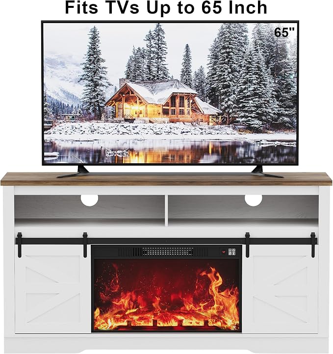 JUMMICO Fireplace TV Stand for 65+ Inch TV with 26'' Fireplace Entertainment Center with Storage Cabinet and Adjustable Shelves Media Console with Sliding Barn Door for Living Room (Bright White) - Image 4
