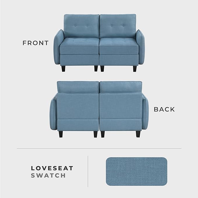 Lexicon Modern Loveseat with Hidden Storage, Textured Fabric Modular Love Seat with Button-Tufted Design, Reversible Back Cushion for Living Room/Bedroom/Office, Blue
