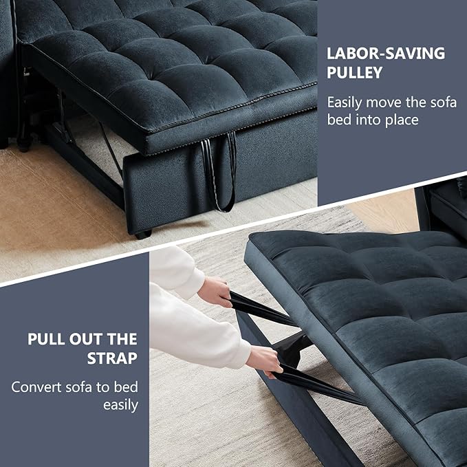 3 in 1 Pullout Sofa Bed, Convertible Loveseat Sleeper Couch Bed with 2 Pockets & 2 Pillows for Living Room, Black
