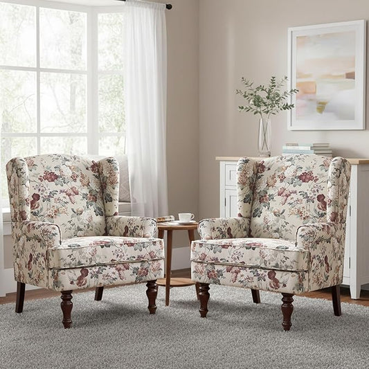 HUIMO Printed Wingback Accent Chair, Linen Upholstered High Back Armchair, Comfy Reading Chair for Living Room Bedroom Study, 300lbs Weight Capacity (2, Red Floral)