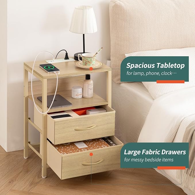 Yoobure Nightstand with Charging Station, Small Night Stand with Fabric Drawers and Storage Shelf for Bedrooms, Nightstands for Small Spaces, Bedside Table with USB Ports & Outlets, Bed Side Table - Image 5