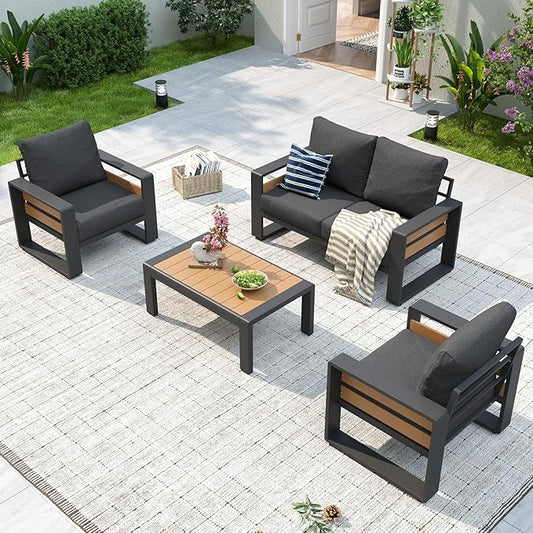 Aoxun Aluminum Patio Furniture Set, 4 Piece Luxury Outdoor Sectional with 6" Olefin Fabric Cushions, Patio Conversation Sets with Coffee Table and Waterproof Cover for Backyard, Porch Dark Grey