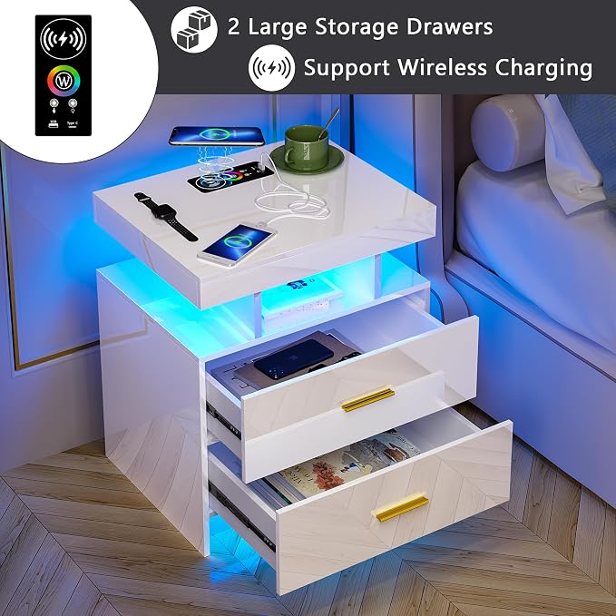 HNEBC Auto LED Nightstands Set of 2,Modern Bedside Table with USB Ports & Wireless Charging Station,High Gloss Bedside Tables with 2 Drawers,Nightstands for Bedrooms/Living Room (White) - Image 5