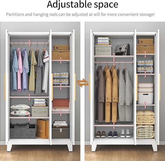 75.3" Tall Metal Armoire Wardrobe Closet with 3 Doors, Adjustable Hanging Rod and 5 Adjustable Shelves, Freestanding Storage Cabinet Organizer for Bedroom, Office, Laundry Room， White