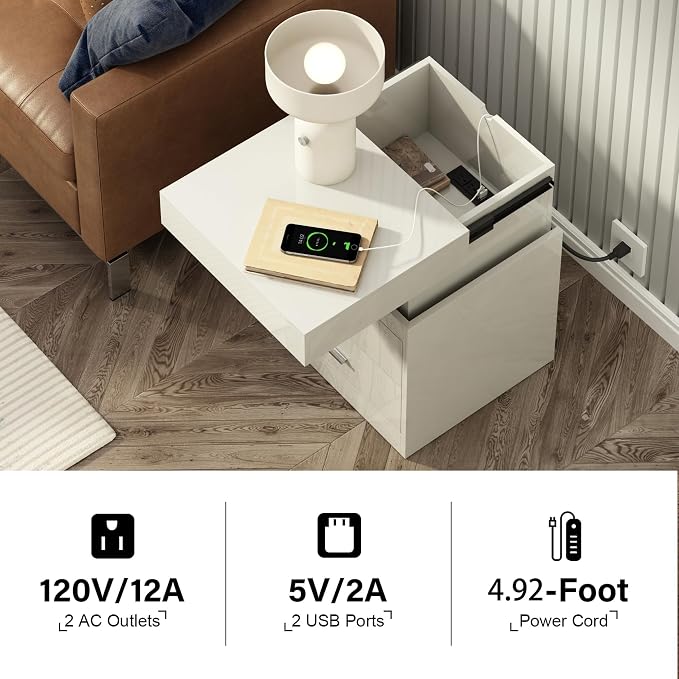 ChooChoo LED Nightstand with Charging Station, Smart Night Stand with Sliding Top Storage, 2-Drawers High Gloss Bedside Table, Modern End Table for Bedroom,White - Image 3