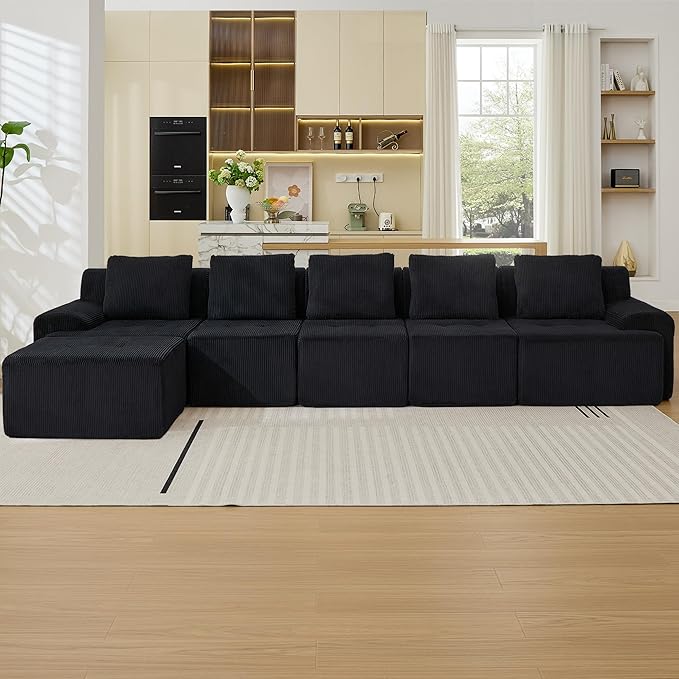 Modular Sectional Sofa, 6 Seat Modular Couch, Modular Sofa with Deep Seat and Detachable Pillow (Black, 6 Pieces-L Shape)