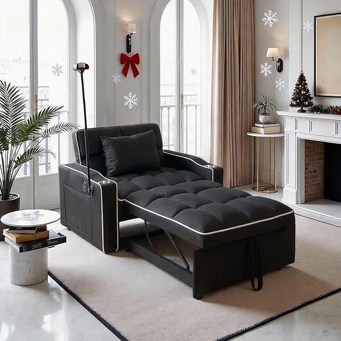 Convertible Sleeper Chair, Pull Out Chair Sleeper with Bracket and Cup Holder, 3 in 1 Sofa Bed Chairs for Adults, Chairs Bed Sleepers for Small Spaces, Living Room, Black