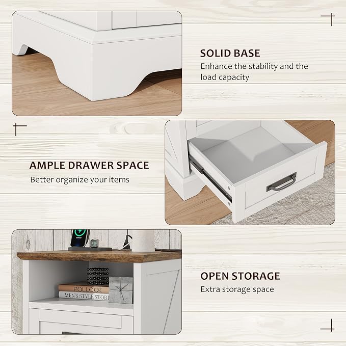 Whalefall Farmhouse Night Stand Set of 2, Large 2 Drawers Bed Side Table with Charging Station, 18 inch Wide End Table for Bedroom, Living Room, 2pcs, White - Image 6