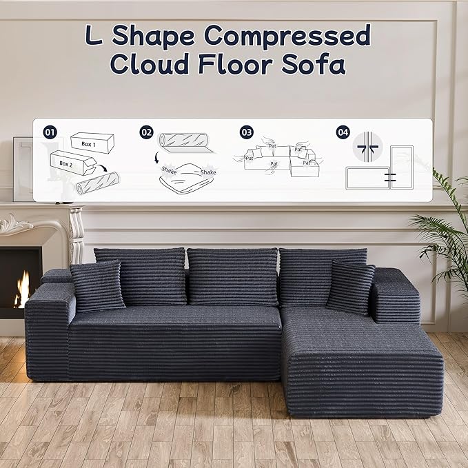 104” Sectional Cloud Couch, L-Shape Compressed Sofa with Left Chaise Lounge, Modern Modular Cloud Couch with 2 Pillows & Deep Seat, Flannel Velvet Floor Sofa for Living Room, Dark Gray
