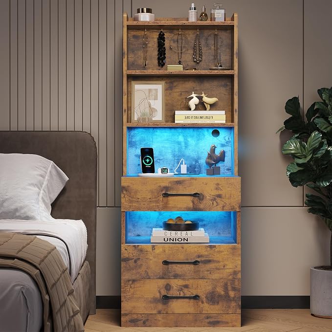 VIAGDO Tall Nightstand Set of 2 with Charging Station and LED Lights, Rustic Brown Night Stand Set 2 with Bookshelf, Modern LED Bedside Tables with 3 Drawers and Storage Shelves, Side Tables Bedroom - Image 9