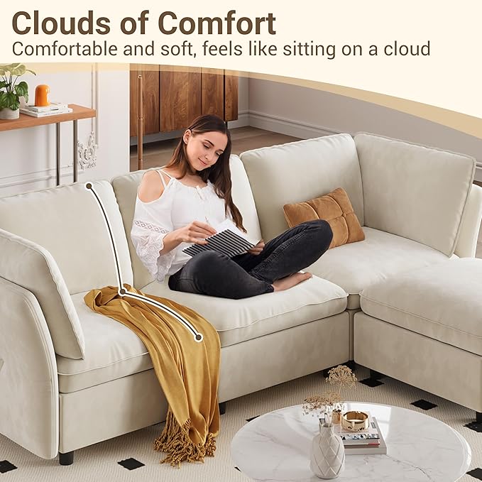 IDEALHOUSE 97" Modular Sectional Sofa, L-Shaped Modular Couch with Storage, 4-Seater Comfy Cloud Couch with Movable Ottoman, Deep Seat, Modern Sectional Couches for Living Room Bedroom, Beige