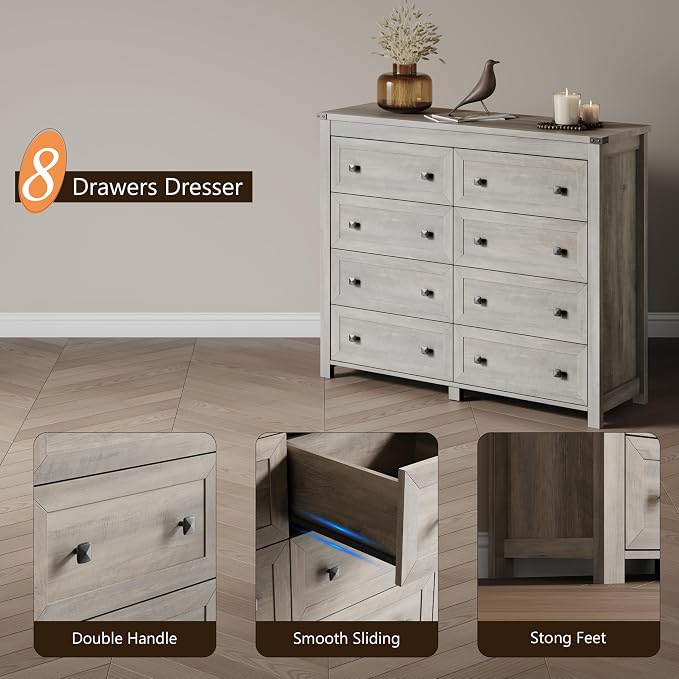 Dresser for Bedroom with 8 Drawers, Farmhouse Wood Chest of Drawers, Wide TV Stand Closet Storage Furniture with Metal Handle, Modern Clothes Organizer for Hallway, Living Room, Entryway, Light Grey - Image 5