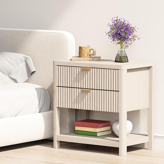 ROCSUMOO Fluted Nightstand with 2 Drawers, Wooden Night Stand, Modern Bed Side Table, Slide Smooth Easily Open 66 pounds Load-Bearing Capacity (Beige) by ROCSUMOO
