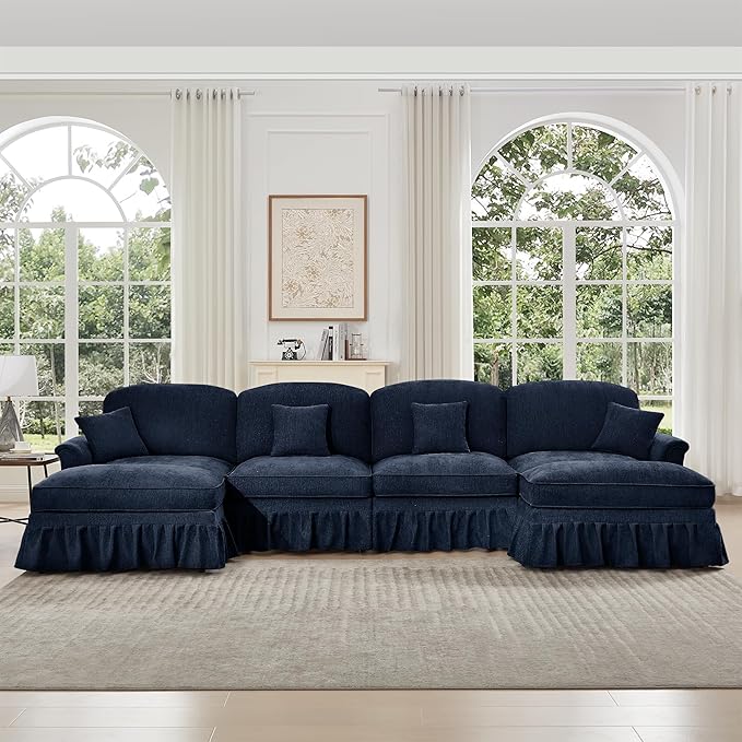 KEIKI Mid Century Modular Sofa with Flared Arms and Skirted Design, 137“ Oversized 4-Seater with 2 Ottomans Luxury Chenille U-Shaped Sectional Couches for Living Room, Chaise Lounge Indoor, Blue