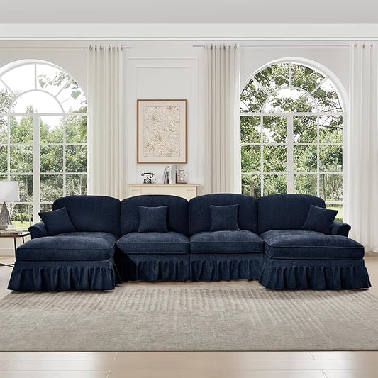 KEIKI Mid Century Modular Sofa with Flared Arms and Skirted Design, 137“ Oversized 4-Seater with 2 Ottomans Luxury Chenille U-Shaped Sectional Couches for Living Room, Chaise Lounge Indoor, Blue