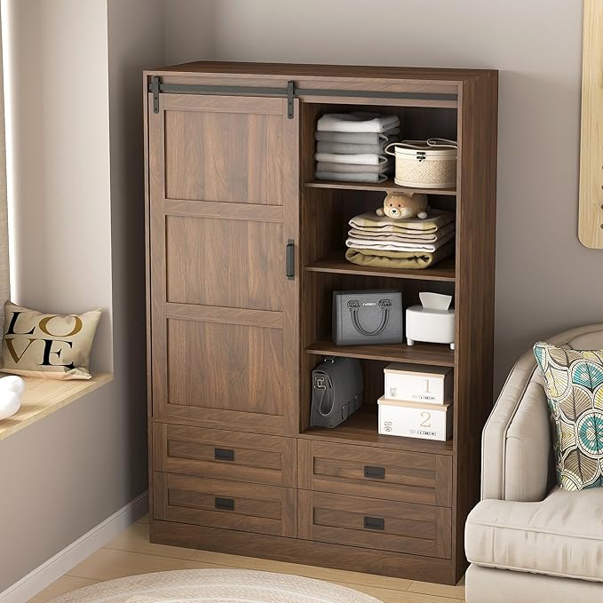 Armoire Wardrobe Closet with Sliding barn Door，Wardrobe Cabinet with 4 Storage Drawers and Hanging Rail,Freestanding Wooden Closet for Bedroom(Brown)