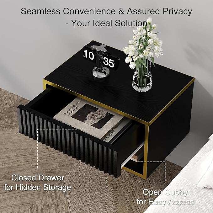 4ever2buy Floating Nightstand, Modern Night Stand with Drawer, Small Bedside Table End Table with Open Shelf Cubby, Wall Mounted Nightstand for Bedroom, Black and Gold - Image 5