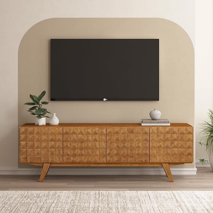 NTC Sapa Mid-Century Modern Solid Wood TV Stand 4-Door Media Console with Carved Geometric Fronts for TVs up to 75", Effortless Assembly, Teak Look by NTC