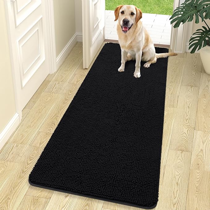 OLANLY Dog Door Mat for Muddy Paws 70x24, Absorbs Moisture and Dirt, Absorbent Non-Slip Washable Doormat, Quick Dry Chenille Mud Mat for Dogs, Entry Indoor Entryway Carpet for Inside Floor, Black by OLANLY