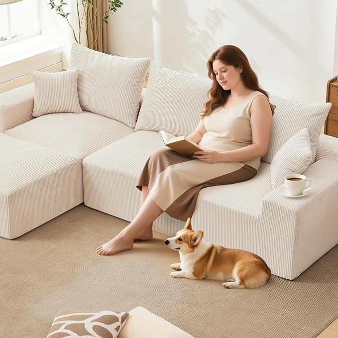 110" Modular Sectional Sofa Couches for Living Room, Cloud Memory Boneless Couch, No Assembly Required,Comfy Cloud 3-Seater Couch with Chaise, Memory Foam Sofa for Offices, Bedroom and Apartment
