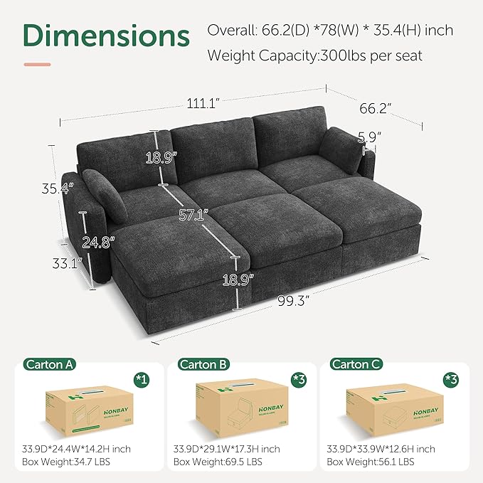 HONBAY Modular Sectional Sleeper Couch, Sectional Sofa with Storage Ottoman, Sleeper Sectional Couches for Living Room, Grey