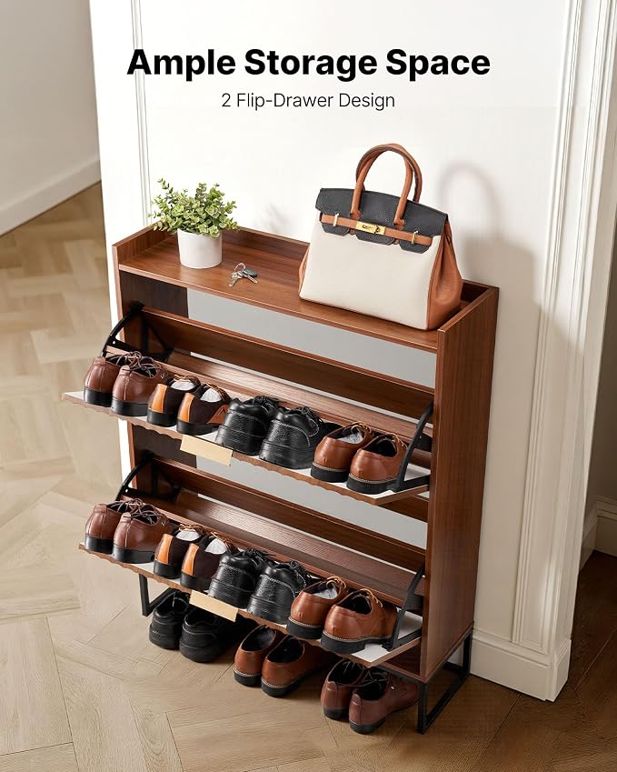 VEVOR Shoe Cabinet with 2 Flip Drawers, Mid-Century Shoes Storage Cabinet with Anti-Tipping Device, Freestanding Fluted Shoe Organizer, Ideal for Entrance, Hallway, Bedroom, Living Room, Walnut - Image 5