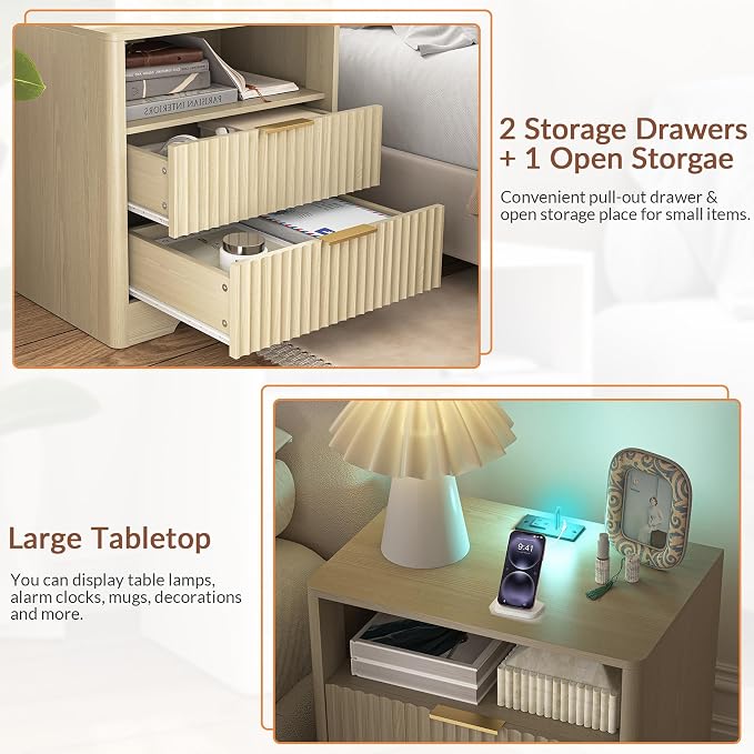 Modern Fluted Nightstands with Charging Station, Drawers, and Smart Night Light, Large Wood Nightstand with Storage Shelf, Side Tables for Bedroom, Living Room - Image 3