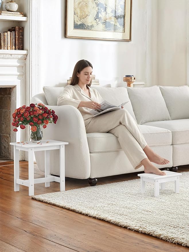 LUE BONA Outdoor Side Table, 2-Tier HDPS Outdoor Nesting End Table with Removable Small Foot Stool for Patio, Deck, Poolside, Low Maintenance & Weather Resistant, White - Image 7