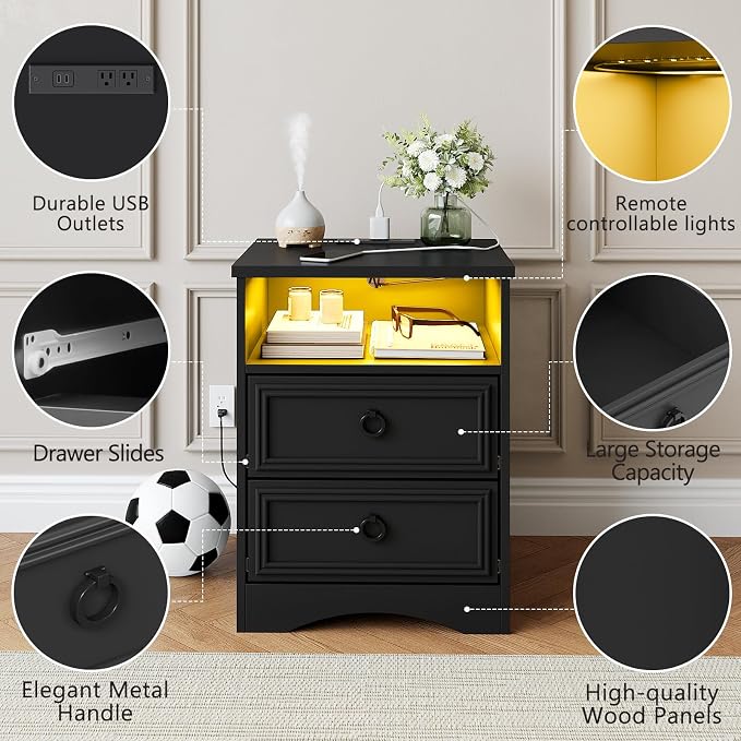 LGHM Set of 2 Nightstand with Charger Station Strip Lights, Large Night Stand with 2 Drawers, 17.7" W Accent Bed Side Table and End Table with Large Open Compartment for Bedroom, Living Room,Black - Image 8