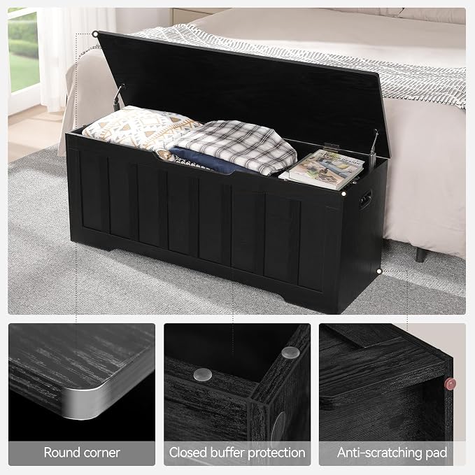 VANKILEY 47.2" Storage Chest Extra Large,Storage Trunk with 2 Safety Hinges,Wooden Storage Bench,Shoe Bench,47.2x15.7x19.1 Inch,Easy Assembly,Storage Bench for Bedroom,Living Room,entryway(Black). - Image 6