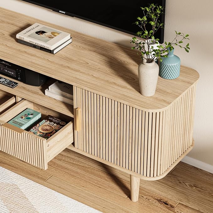 62.4 Inch Fluted TV Stand, Modern Media Console Table with Sliding Tambour Door Farmhouse Sideboard Buffet Cabinet Fits TVs up to 75 inch, Wood Entertainment Center for Living Room(Oak) - Image 4