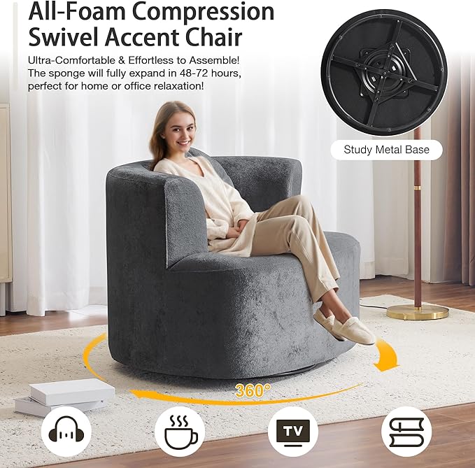Oversized Swivel Accent Chair Set of 2, Modern Curved Back Single Sofa Chair, Comfy All-Foam Compression Upholstered Round Armchair with Pillow,Cozy Chenille Barrel Chair for Living Room(Dark Grey)