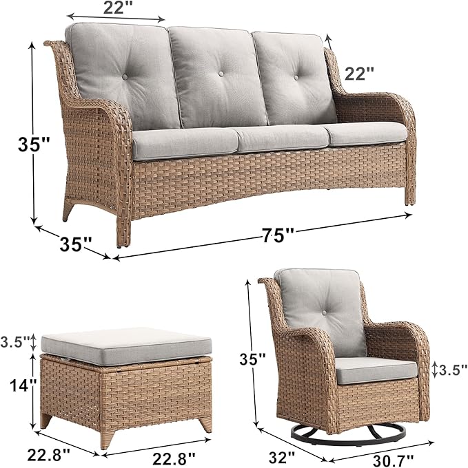 Rilyson Patio Furniture Swivel Chairs Set - 6 PC Wicker Rattan Outdoor Sectional Conversation Sets with 2 Rocking Chair,2 Ottoman and 2 Sofa for Porch Deck Garden(Yellow/Beige)