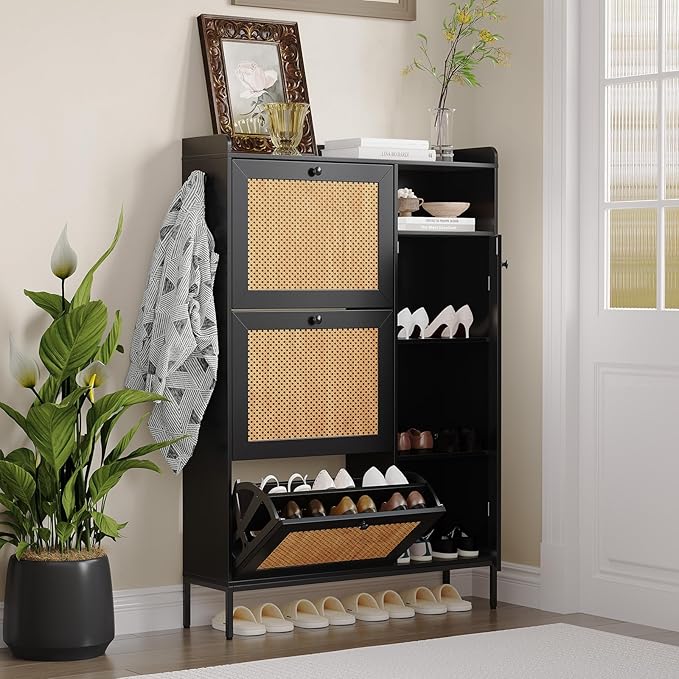 GarveeLife 3-Tier Rattan Shoe Cabinet with Flip Drawers, Adjustable Shelves and Narrow Storage Design, Perfect for Entryways, Hallways, and Bedroom Organization in Wood