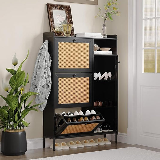 GarveeLife 3-Tier Rattan Shoe Cabinet with Flip Drawers, Adjustable Shelves and Narrow Storage Design, Perfect for Entryways, Hallways, and Bedroom Organization in Wood