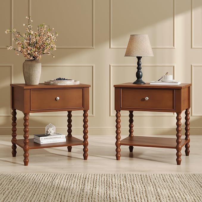 AMERLIFE 24" Walnut Nightstand Set of 2, Vintage Bedside Table for Bedroom, Solid Wood Night Stand with Turned Legs, End Table with Drawer & Open Shelf, Brown Walnut Finish by AMERLIFE