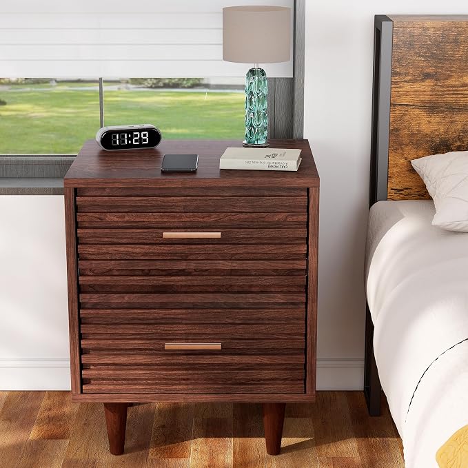 Whalefall Night Stands Set of 2, Fluted Bedside Table with Drawer, Mid Century Modern Nightstand, End Table Bed Side Tables for Bedroom, Accent Tables with Wood Legs, Brown 2pcs - Image 3