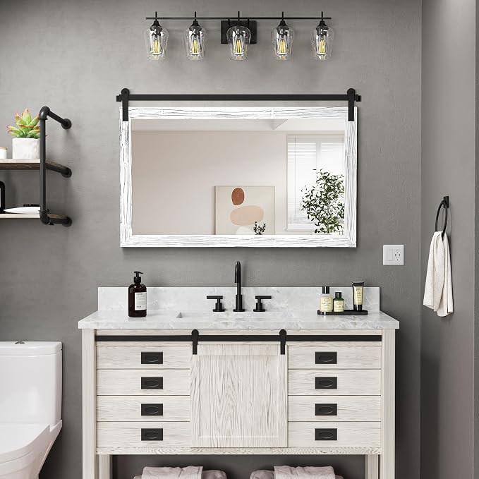 COGOOD Farmhouse Bathroom Mirror - 45 x 30 Large Rectangle Barn Door Mirror for Vanity, Bedroom, Living Room Wall Decor (White) - Image 2