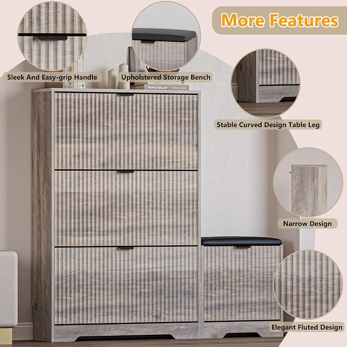 BORNOON Slim Shoe Cabinet with Bench for Entryway, Hidden Storage and Adjustable Shelves, Free Standing Wooden Shoes Organizer for Hallway, Foyer - Image 4