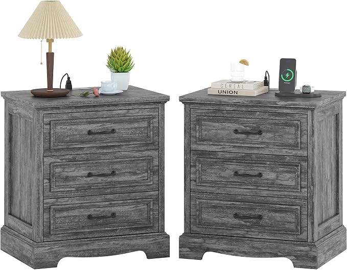 Farmhouse Nightstand Set of 2, Wood Night Stand with 3 Drawers and Charging Station Modern Bedside Table for Bedroom End Side Table Storage Cabinet Small 6 Drawers Dresser (2, Dark Gray) by Alohappy