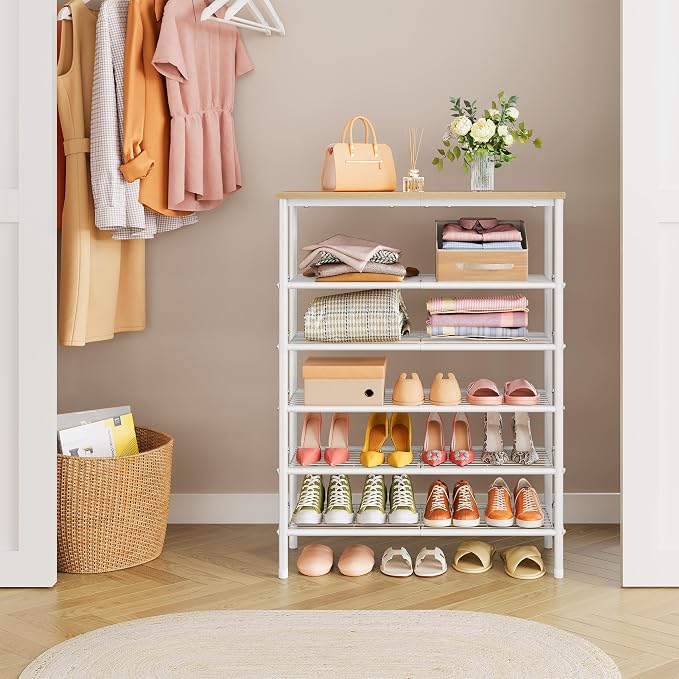Tajsoon 6 Tier Shoe Rack Organizer for 20-24 Pairs of Shoes, Metal Mesh Shoe Shelf for Closet, Industrial Shoe Rack for Entryway Shoe Storage with X Shape Fixed Frame, White & Log - Image 8