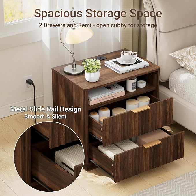 Fluted Nightstand, 23" Wide Night Stand, Walnut Nightstand with Charging Station, 2 Drawer Wooden End Table w/Storage, Large Modern Bedside Table for Bedroom Sofa Home Office,Curved Corners - Image 5