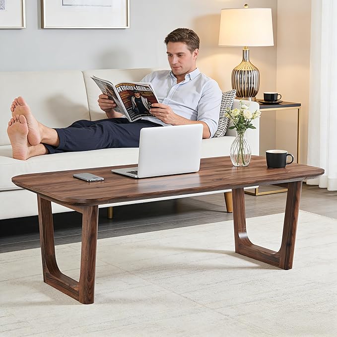 ACCOHOHO Modern Coffee Table for Living Room,51.2" Large Rectangle Wood Coffee Table with U-Shaped Legs & Sturdy Base Design,Center Table for Office,Apartment,Dark Walnut