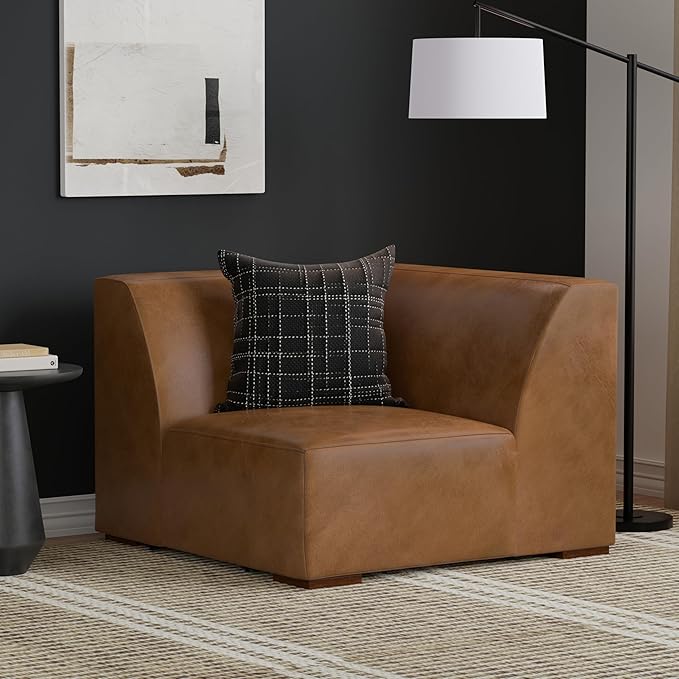 SIMPLIHOME Rex Corner Sofa Module in Full-Grain Genuine Leather, Caramel Brown, 38-inches Wide, Handcrafted Modern-Style Corner Accent Chair for Living Room and Family Room