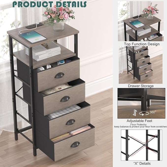 sthmec Nightstand with Charging Station,LED Grey Nightstand with 4 Fabric Drawers, Bedside End Tables, 2-Tier Open Storage Shelf Side Table Nightstand with Drawers for Bedroom,Grey - Image 5