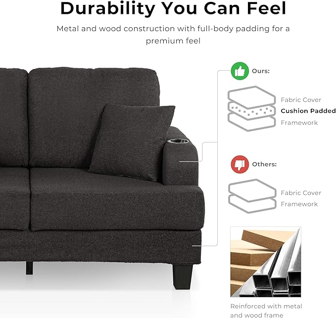 Homes: Inside + Out Reese Modern Plush Boucle Couch with Side Pockets, Cup Holders and USB Ports, Wooden Comfortable Sofa for Living Room, Bedroom and Office, Beige