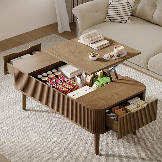 47.2” Modern Coffee Table Wooden Fluted Lift Top Coffee Table with Hidden Compartment, Mid Century Modern Rectangle Center Tables with Lifting Tabletop & 2 Storage Drawers for Home Living Room Walnut