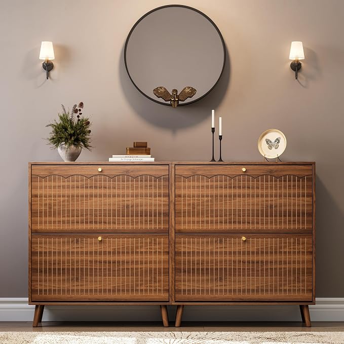 Nicetree Mid-Century Modern Slim Shoe Cabinet for Entryway, 9.5" Narrow Shoe Storage Cabinet with Architectural Arched Fluted Front, Entryway Shoe Storage with Adjustable Shelves,Classic Walnut - Image 7