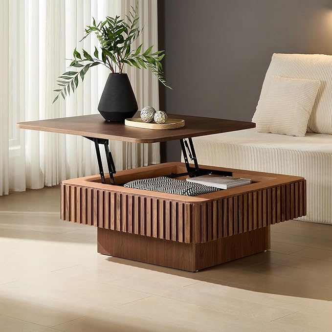 WILLIAMSPACE 35.43" Lift Top Coffee Table with Hidden Storage & Sturdy Base, Modern Luxury Square Wood Handcraft Drum Center Table Accent End Tea Table for Living Room, Minimalist Fluted Design-Walnut